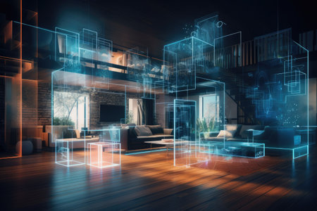 Modern house interior with a digital hologram effect, Interior of modern living room with glowing lights. 3D rendering. AI generatedの素材