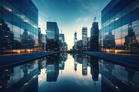 Reflective Skyscrapers Business office buildings, Reflective skyscrapers, business office buildings. low angle view of skyscrapers in city, sunny day. Business wallpaper. Ai generatedの素材
