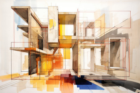 Abstract interpretation of a building construction, 3D building drawings, tower cranes and building construction environment, Abstract interpretation of a building construction, Ai generated, Ai generatedの素材