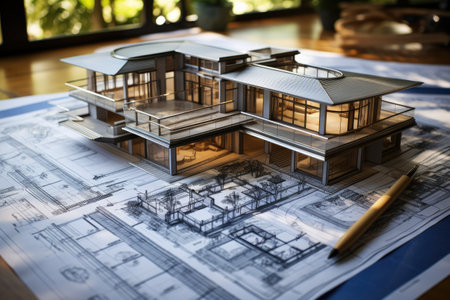 Wireframe of building. sketch design. Digital project visualization, Architect's blueprints with 3D construction Ai generatedの素材