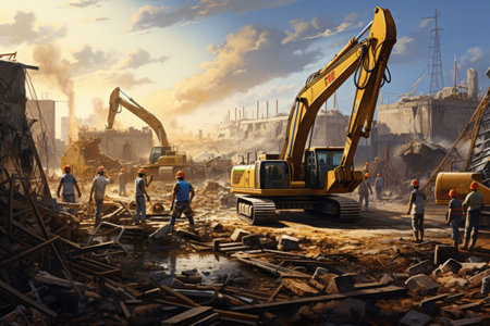 Construction site teeming with heavy machinery and workers, Construction Site Backhoe Excavator, AI generatedの素材