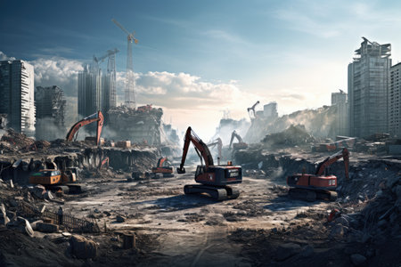Construction site teeming with heavy machinery and workers, Construction Site Backhoe Excavator, AI generatedの素材