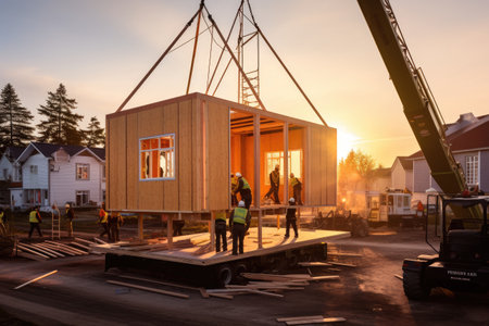 Construction workers assembling a prefabricated house, A construction worker assembling a prefabricated house in an Arctic settlement, AI generatedの素材