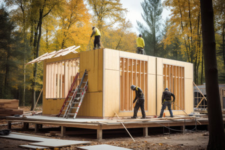 Construction workers assembling a prefabricated houseの素材