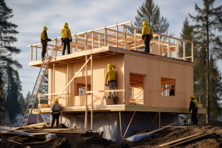 Workers assembling prefabricated house , Construction workers assembling a prefabricated house, AI generatedの素材