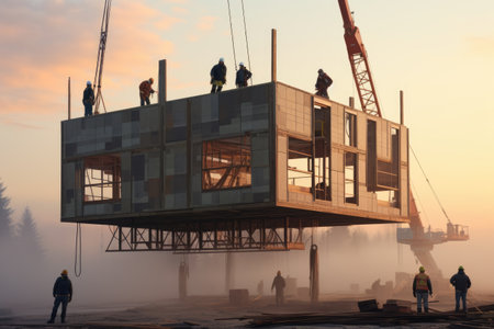 Workers assembling prefabricated house , Construction workers assembling a prefabricated house, AI generatedの素材