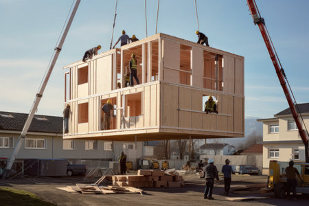 Construction workers assembling a prefabricated houseの素材