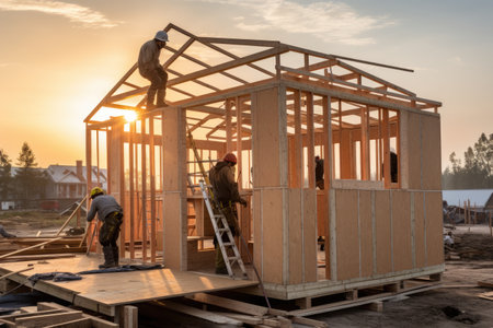 Workers assembling prefabricated house , Construction workers assembling a prefabricated house, AI generatedの素材