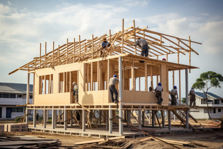 Workers assembling prefabricated house , Construction workers assembling a prefabricated house, AI generatedの素材