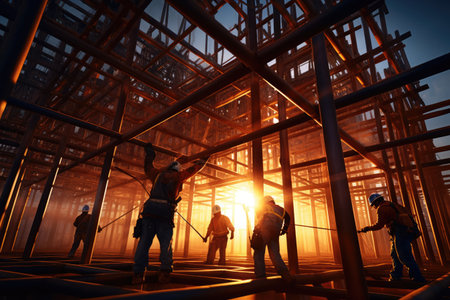 Construction workers collaborating on a steel framework, Construction Workers Building Framework Represent the Diligence and Teamwork, Ai generatedの素材