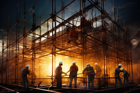 Construction Workers Building Framework Represent the Diligence and Teamwork , Construction workers collaborating on a steel framework, Ai generatedの素材