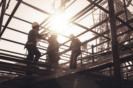 Construction Workers Building Framework, Steel Reinforcement Construction workers securing steel bars, Construction workers collaborating on a steel framework, Ai generatedの素材