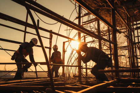 Construction workers collaborating on a steel framework, Construction Workers Building Framework Represent the Diligence and Teamwork, Ai generatedの素材