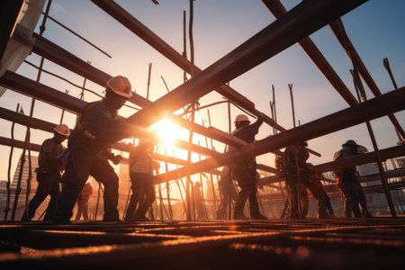 Construction workers collaborating on a steel framework, Construction Workers Building Framework Represent the Diligence and Teamwork, Ai generatedの素材