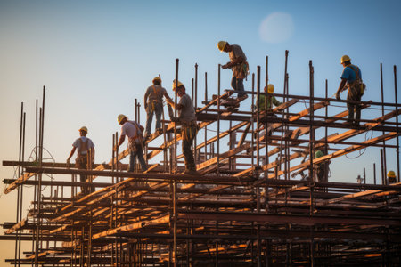 Construction Workers Building Framework, Steel Reinforcement Construction workers securing steel bars, Construction workers collaborating on a steel framework, Ai generatedの素材