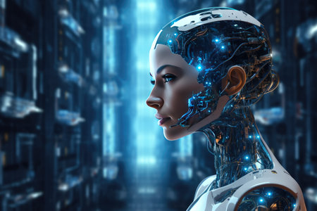 3d rendering of cyborg woman with circuit board in the background Artificial intelligence Technology web background, future technology concept, Ai generatedの素材