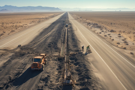 Highway construction in the desert, A long road leading towards to high mountains. Journey concept, Ai generatedの素材
