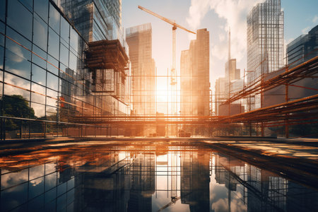 Construction site of a glass skyscraper reflecting sunlight, Modern city with glass structures reflecting the warm golden sunset,AI generatedの素材