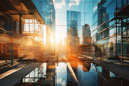 Construction site of a glass skyscraper reflecting sunlight, Modern city with glass structures reflecting the warm golden sunset,AI generatedの素材