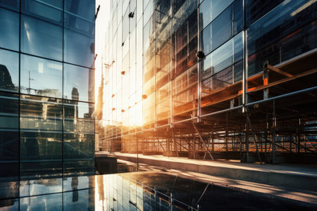A cluster of skyscrapers reaches for the sky, their glass facades reflecting the setting sun, Construction site of a glass skyscraper reflecting sunlight AI generatedの素材