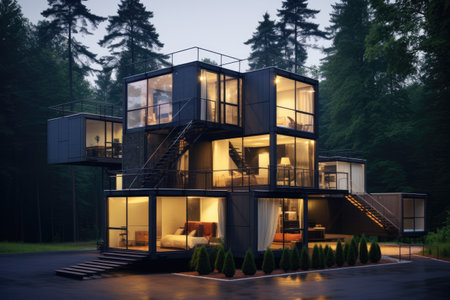 Industrialized construction of modular homes , Modern Architecture for Modular Homes. Explore Luxury Row House Design with Exquisite Exterior , AI generatedの素材