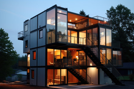 Industrialized construction of modular homes , AI, construction site with workers of Tiny Container House Construction, generatedの素材