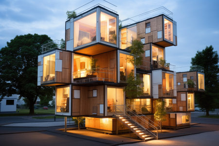 Industrialized construction of modular homes , Modern Architecture for Modular Homes. Explore Luxury Row House Design with Exquisite Exterior , AI generatedの素材