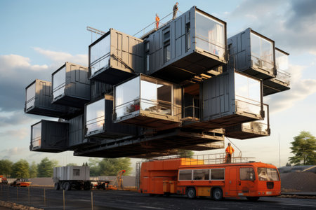 Industrialized construction of modular homes , Modern Architecture for Modular Homes. Explore Luxury Row House Design with Exquisite Exterior , AI generatedの素材