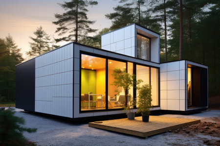 Industrialized construction of modular homes , Modern Architecture for Modular Homes. Explore Luxury Row House Design with Exquisite Exterior , AI generatedの素材