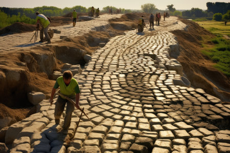 Historical Roman road construction methods, Ancient Stones Historic Roman Road, AI generatedの素材