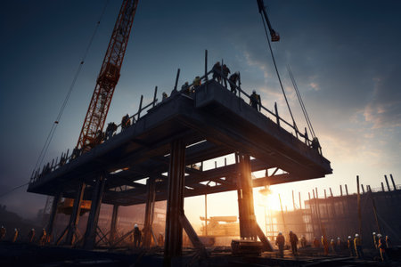 Crane lifting steel beams at a construction site AI generatedの素材