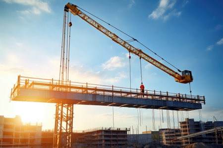 Crane lifting steel beams at a construction site AI generatedの素材
