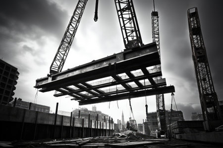 Crane lifting steel beams at a construction site, A truck crane lifts a large steel beam on a construction site, AI generatedの素材