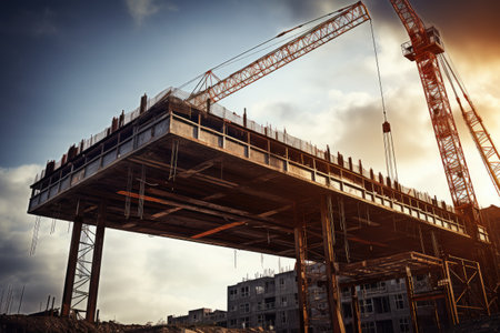 Crane lifting steel beams at a construction site, A truck crane lifts a large steel beam on a construction site, AI generatedの素材