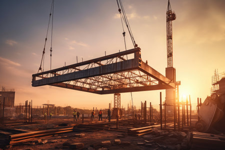 Crane lifting steel beams at a construction site, A truck crane lifts a large steel beam on a construction site, AI generatedの素材