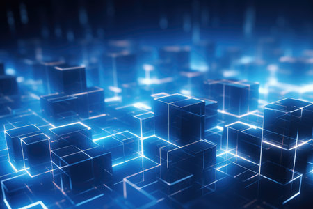 3d square and neon light line dark blue background, blue technology background with glowing cubes 3d rendering toned image 3D rendering Ai generatedの素材