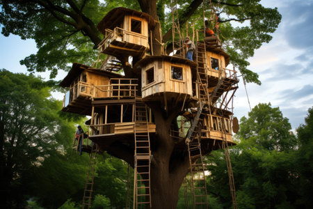 Construction of a tree house, Illustration of futuristic tree house surrounded by greenery, Whimsical wooden treehouse - an adventurous designer treehouse with architecture imagine, Ai generatedの素材
