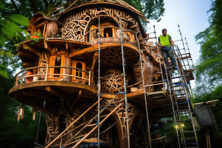 Construction of a tree house, Illustration of futuristic tree house surrounded by greenery, Whimsical wooden treehouse - an adventurous designer treehouse with architecture imagine, Ai generatedの素材