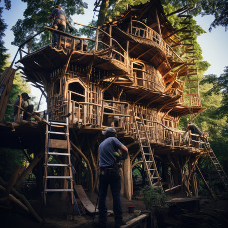 Construction of a tree house, Illustration of futuristic tree house surrounded by greenery, Spectacular image of a sustainable tree house surrounded by greenery in the woods , Ai generatedの素材