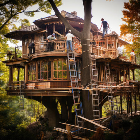 Construction of a tree house, Illustration of futuristic tree house surrounded by greenery, Spectacular image of a sustainable tree house surrounded by greenery in the woods , Ai generatedの素材