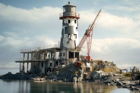Construction of a coastal lighthouse, Cove lighthouse on a sunny day with blue sky, AI generatedの素材
