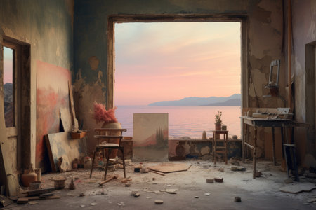 An empty artist's studio bathed in soft dawn light, Ai generatedの素材