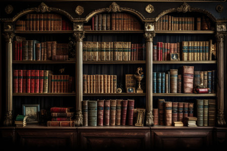 A bookshelf filled with old, antique books --ar 3:2 --v 5.2 Job ID: b7d045b4-9c8a-41e9-afc4-a4adbda6e4d4の素材