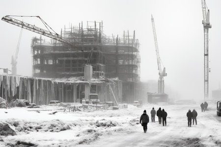 Construction site with cranes and workers in winter, Moscow, Russiaの素材
