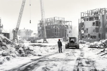 Worker at the construction site in winter. Black and white.の素材
