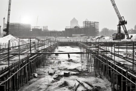 monochrome picture of a construction site, construction site in black and white AI generatedの素材