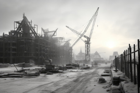 construction site with cranes and building materials in the snow in winterの素材