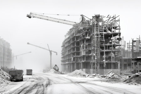 monochrome picture of a construction site, construction site in black and white AI generatedの素材