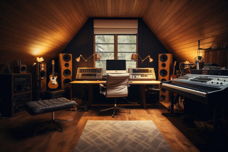 A cozy home recording studio with beautiful soundproofing, AI generatedの素材