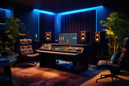 A high tech modern recording studio with ambient lighting, AI generatedの素材